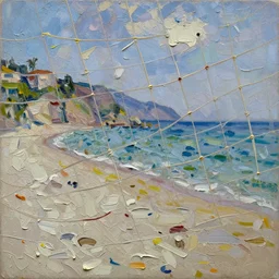 palette knife painting of a close up of a three - dimensional thick impasto oil painting of a beautiful italian beach scene, seen through complex stringy netting, lots of thick encrusted paint, vast amounts of wax - like lines of dripping oil paint cover nearly everything, painted by monet signac and frank auerbach, background thick encrusted paint