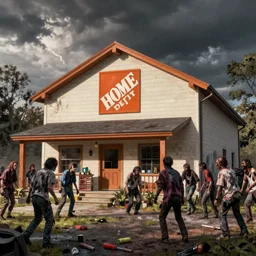home depot building exterior, zombie hoards painted by david friedrich