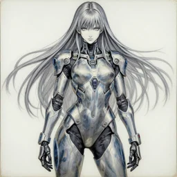 girl wearing full suit of cyberpunk armor, intricate armor design, shigenori soejima illustration, heavy lineart, oil on canvas