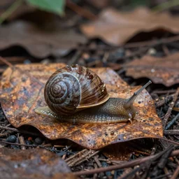 snail on dead leaves in a forest, canon eos r 3, f / 1. 4, iso 2 0 0, 1 / 1 6 0 s, 8 k, raw, unedited, symmetrical balance, in - frame,
