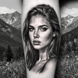 a beautiful girl portrait in amazing nature and mountains, realism tattoo, in the style of den yakovlev, black and white, hyper realistic, highly detailed