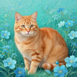an orange cat in a field of turquoise blue flowers, intricate, elegant, highly detailed, digital painting, artstation, concept art, smooth, sharp focus, illustration, by ilya kuvshinov and makoto shinkai and ruan jia