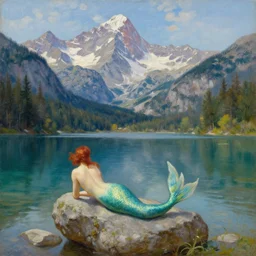mountain lake with mermaid art oil painting preraphaelic