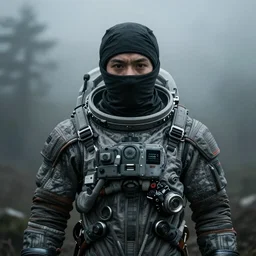 portrait of a ninja in the spacesuit, dark, moody, foggy, made by Sean Yoro and Chie Yoshii, washed colors, high details, realistic