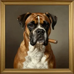 regal painting classical portrait of boxer dog with a cigar hanging from his jowls highly detailed