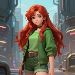 beautiful cute red haired eighteen year old young girl standing up, casual green clothing, long hair, cyberpunk city, cute smiling face, rpg character, sci - fi, intricate, elegant, digital painting, artstation, concept art, smooth, 8 k frostbite 3 engine, ultra detailed, art by artgerm and greg rutkowski and magali villeneuve