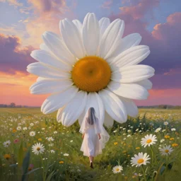 giant white daisy flower face, girl with veil walking in a flower field, surreal photography, sunrise, dramatic light, impressionist painting, colorful clouds, digital painting, artstation, simon stalenhag