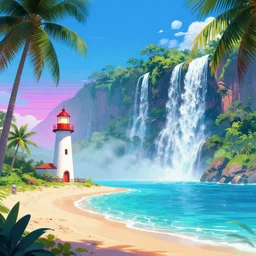 a tropical beach with a lighthouse and waterfalls, cyberpunk, retrowave epic art, trending on art station