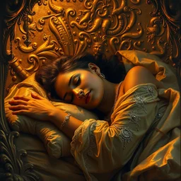 highly detailed potrait of 8 0's brown woman are sleeping on gold tresure in baroque style, painting by james jean, craig mullins, j. c. leyendecker, lights, art by ernst haeckel,