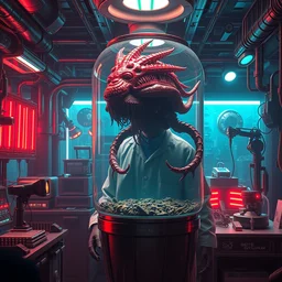 hd photorealistic cinematic still, mad biopunk scientist in his futuristic lab with prototype monstrous specimen floating in large glass tank, universal 3 d bioprinter, mri, cnc robot arms, vibrant, hyperdetailed scifi concept art, artstation, octane render hdr, by caravaggio, inspired by masamune shirow and ross tran and james gurney