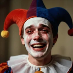 realistic photo of a blurred face of a jester, dramatic close up portrait, jester is smiling, crying in pain, scared for his life emitting aura, 1 9 6 0, life magazine photo, natural colors, metropolitan museum, kodak, 8 k, very detailed, high resolution, product photo,