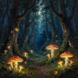 an enchanted forest at night illuminated by glowing mushrooms open clearing, magical, awe inspiring, tim hildebrandt, wayne barlowe, bruce pennington, donato giancola, larry elmore, oil on canvas, masterpiece, trending on artstation, cinematic composition, beautiful lighting, sharp, details, hyper - detailed, hd, hdr, 4 k, 8 k