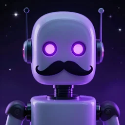 robot with moustache, violet light, starry background