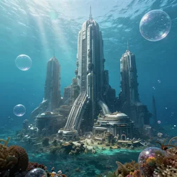 professional photo of giant scifi city under bubbles in the sea, ultra detailed, realistic, unreal engine 5, photorealistic, wide-angle, 8k
