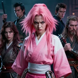 the previous artist was midjourney, cinematic moody colors, realistic shaded lighting poster of a pink hair angry sakura samurai woman by ilya kuvshinov, magali villeneuve, artgerm, jeremy lipkin and michael garmash and rob rey