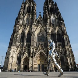 the t - 1 0 0 0 made of liquid metal walking next to the cathedral of cologne, germany, volumetric lighting, sharp focus, ultra detailed, cgsociety - w 1 0 2 4 - n 8 - i