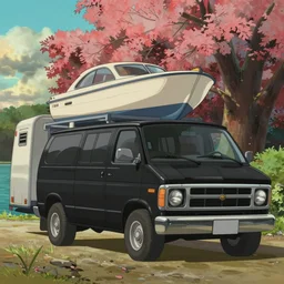 a wholesome animation key shot of one!! focused, black 1 9 8 3 gmc van, towing a trailer with a boat on it, beside a lake, medium shot, studio ghibli, ( disney animation ), sharp, very detailed, high resolution, rendered in unreal engine 5, anime key art by greg rutkowski, bloom, dramatic lighting