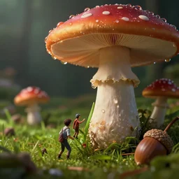 Tiny humans fighting a mushroom monster, macro, dew drops, blade of grass, acorn, dramatic lighting, cinematic, establishing shot, extremely high detail, foto realistic, cinematic lighting, post processed, concept art, high details, cinematic, 8k resolution, beautiful detailed, photorealistic, digital painting, artstation, concept art, smooth, sharp focus, artstation trending, octane render, unreal engine