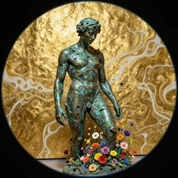 An epic fantastic realism comic book style painting of a distressed bronze sculpture from the future by Stanislaw Szukalski, beautiful colorful flowers rain down, gilded marbled paper background, fisheye lens, unreal 5, DAZ, hyperrealistic, octane render, dynamic lighting