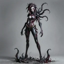 dark full body painting of tracer from overwatch, in style of zdzisław beksinski, scary, horror, 4 k, feminine facial features, overwatch tracer character, horror, body horror, disturbing, detailed face, dressed in dark garment, black tendrils, tall, long legs,