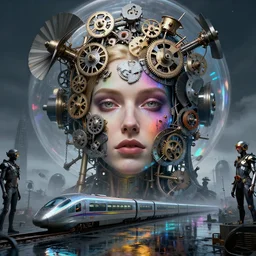 detailed face of a woman, clockwork, moment, tectonic sky, skydome, bullet train, turbines, utopian, tech noir, wet reflections, prism, atmospheric, ambient, pj crook, syd mead, livia prima, artgerm, greg rutkowski, nick alm, casey baugh, blonde, spectrum