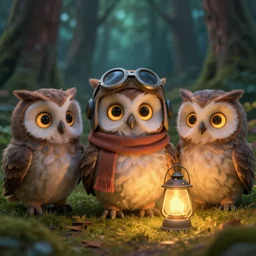 3 d octane render of a family of anthropomorphic owls. the owl is wearing a pilot hat, a scarf, funny facial expression, glowing eyes, in a forrest by beatrix potter and studio ghibli, sharp focus, detailed fluffy feathers, glowing eyes, glowing lanterns