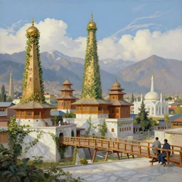 retrofutristic city under kashmir mountains, wooden pagodas and mosques, little wood bridge, painting of tower ivy plant in marble late afternoon light, wispy clouds in a blue sky, by frank lloyd wright and greg rutkowski and ruan jia