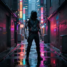 cyberpunk android hacker in an alley in future tokyo at night, reflections on wet ground by sachin teng and pascal blanche nekro josan gonzalez rhads ruan jia. in style of digital art. cinematic lighting, film noirs, symmetry, vibrating colors, hyper detailed. octane render, artstation, clear, sharp, straight lines