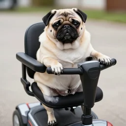 a morbidly obese pug on a mobility scooter, high resolution photo