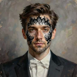 matte portrait painting of man in suit with black mandelbrot fractal instead of face