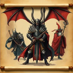 a demon, a knight, a samurai, a wizard, scroll painting, 2 - dimensional, papyrus