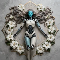 a beautiful intricate fine art portrait photo of a cyborg with bionic implants, epic wavy hair spread out around her lined with white hibiscus, lying on a mandala, by natalie shau and artgerm, masterpiece!, turquoise blue face, futuristic robot body, top view, studio lighting, golden ratio composition, 3 5 mm lens, deep depth of field, artstation, 8 k