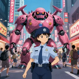 Artwork by James Jean, Phil noto and studio ghibli ; (1) a young Japanese future samurai police lady named Yoshimi battles an (1) enormous evil natured carnivorous pink robot on the streets of Tokyo; Japanese shops and neon signage; crowds of people running; Art work by Phil noto and James Jean