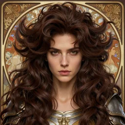 song of the hurricane, detailed beauty close - up portrait, chocolate, opulent swirling hair, intricate background, armor, art by wlop, peter morebacher, greg rutkowski, craig mullins, ruan jia, thomas kinkade, victor ngai, james jean, takato yamamoto, tomokazu matsuyama, alphonse mucha, unreal engine, blender, octane, ray