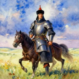 a heavenly cinematic water colour of a mongolian knight by edward hopper in the style of renaissance art, 8 k