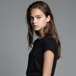 a photo in three - quarter front of young girl, gray background, art by mario testino