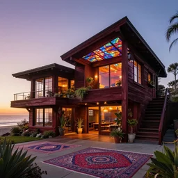award winning photo of a sunset at an all black psychedelic modern ecopunk frank lloyd wright shotgun house mansion made entirely of redwood during sunset with soft lamp light, lots of plants and stained glass ceilings and persian rugs on the southern california beach