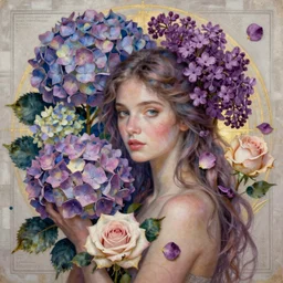 a lilac hair beautiful goddess of light, colourful hydrangeas flowers, soft roses, and dried petals, painterly, emotionally evoking methaphoric, and ornamental, intricate and elegant, highly detailed photorealistic painting, decorative lines, sharp focus, golden ratio, by tomasz alen kopera and zdzisław beksinski,