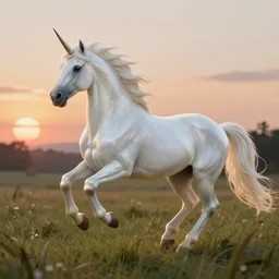 detailed fantasy creature illustration of a white pearlescent unicorn running across grassy field during warm sunset, full shot, trending on artstation, digital art ( by jesper ejsing ) ( by clint cearley ) ( by raluca marinescu )