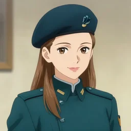 portrait bust of young woman with long light brown hair and hazel eyes dressed in a sharp dark teal military uniform with beret, smiling, ilya kuvshinov, anime, loish, ross tran
