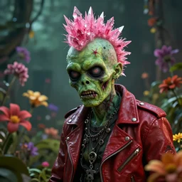 portrait of a punk rock zombie with green skin and pink crystal mohawk, red leather jacket, immersed in florals and foliage, digital art, octane render, fantasy, photorealistic, cinematic lighting