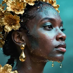 hyperrealistic precisionist cinematic profile very expressive! oshun goddess, in water! john everett millais, mirror dripping droplet!, gold flowers, highly detailed face, digital art masterpiece, smooth eric zener cam de leon, dramatic pearlescent turquoise light on one side, low angle uhd 8 k, shallow depth of field