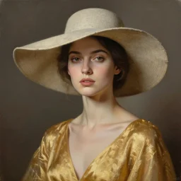 minimalist oil matte portrait painting, woman with a golden dress and a concrete summer hat, detailed faces, wonderful masterpiece highly detailed, beautiful cinematic light deep focus, elegant, smooth, sharp focus, golden ratio, dramatic illumination, ultra realistic, 8 k, art by kristina alisauskaite and caravaggio