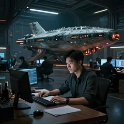 asian space program general leaning towards his desk at the office with the futuristic shanghai spaceship hangar in the background, busy, dark, cyberpunk, moody, ambient lighting, syd mead