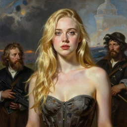ultra realistic medium shot portrait painting of elle fanning in prey, art by frank frazetta and j. c. leyendecker and peter paul rubens, 4 k, ultra realistic, highly detailed, epic lighting