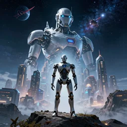a huge sci - fi city with a robotic man standing portrait in front of the image on a mountain, nasa, space, stars, digital art