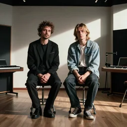 photo of basquiat and kurt cobain in a high end studio, photorealistic,