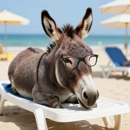 Donkey with cool glasses lying on a sunbed at the beach, 8k, hyper-detailed