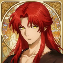 portrait of hisoka morow hunter hunter, male, sharp jaw yellow eyes narrow sultry eyes red hair soft bunched hair swept back crimson medium length hair, anime, fantasy, intricate, elegant, highly detailed, digital painting, artstation sharp focus, madonna inspired art by artgerm and greg rutkowski and alphonse mucha
