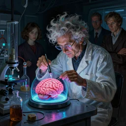 a blacklight mad scientist with crazy hair experimenting on an pink brain in a dark glowing laboratory, highly detailed science fiction painting by norman rockwell, tim jacobus, simon bisley, and sanjulian. detailed texture, rich colors, high contrast, gloomy atmosphere, dark background. trending on artstation